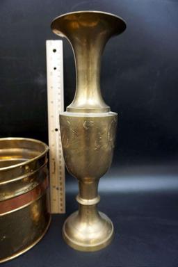 Brass vase and bucket.