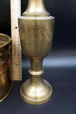 Brass vase and bucket.