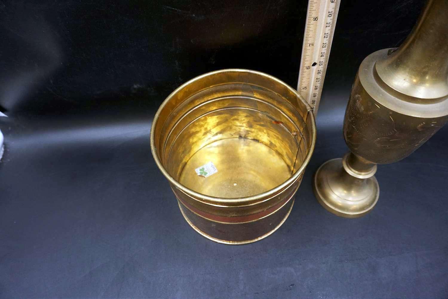 Brass vase and bucket.