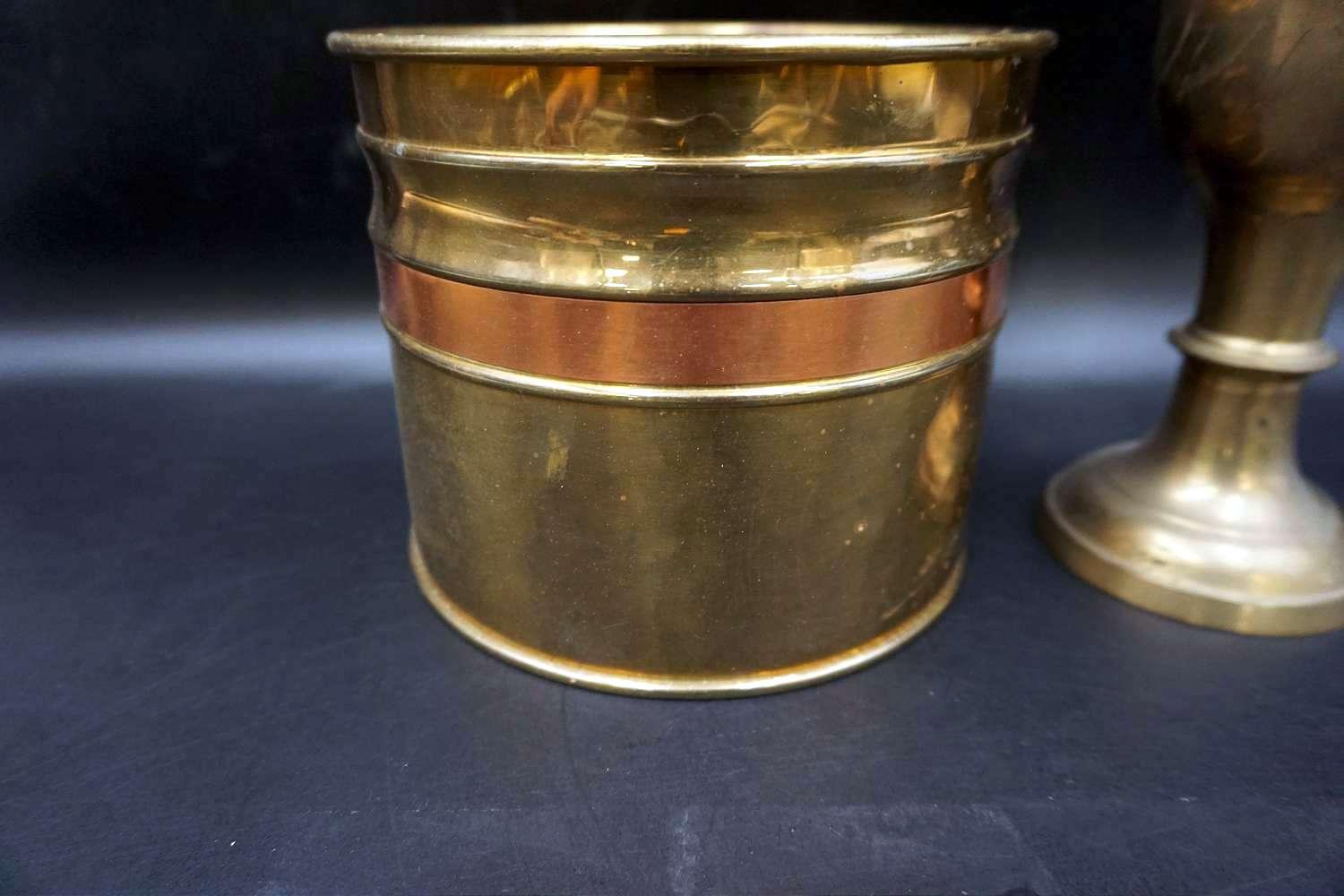 Brass vase and bucket.