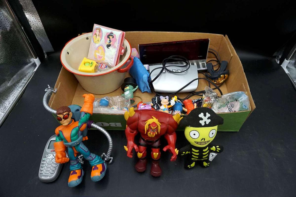 Toys, cell phone, enamel pot, electronics.