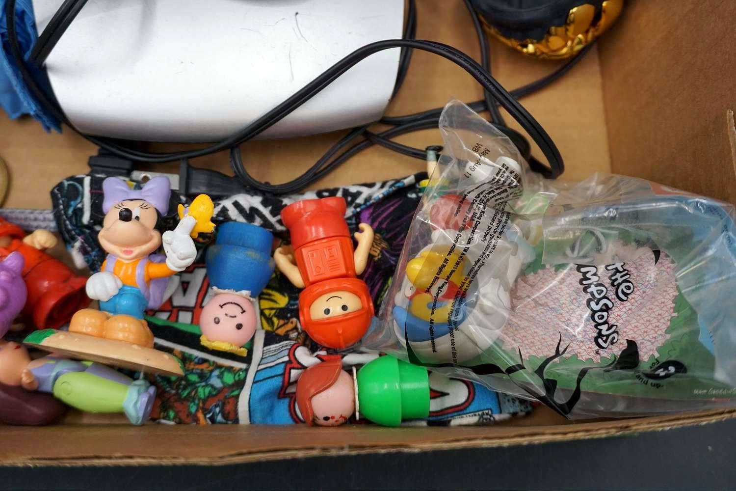 Toys, cell phone, enamel pot, electronics.