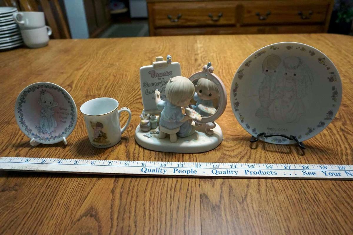 Assorted precious moments plates, cup, figurine.