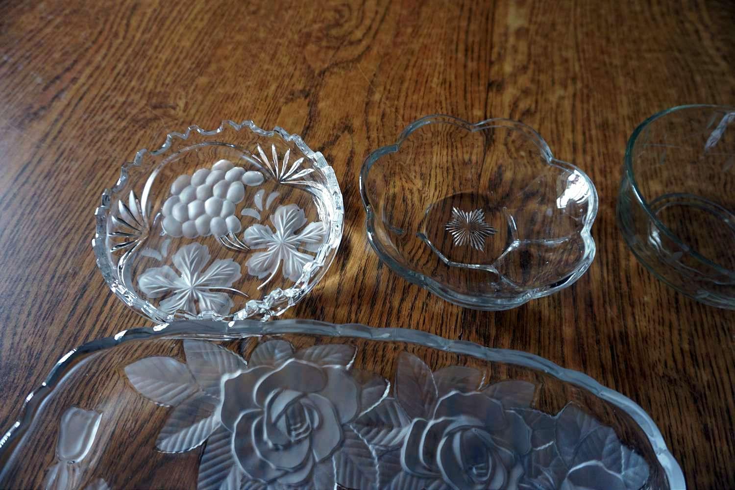 Rose cut glass and other Clear glass serving dishes.