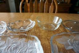 Rose cut glass and other Clear glass serving dishes.