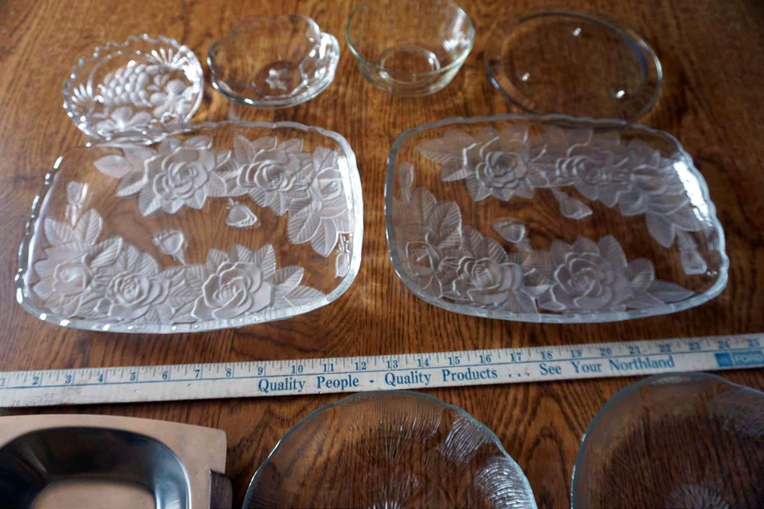 Rose cut glass and other Clear glass serving dishes.