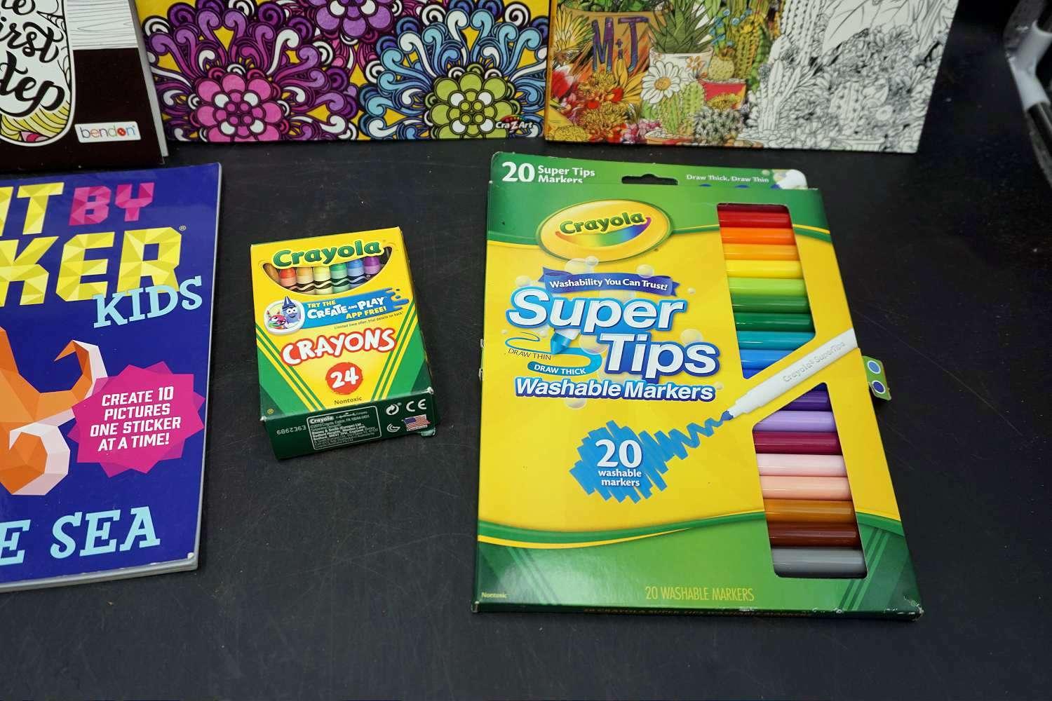 coloring books and art supplies.