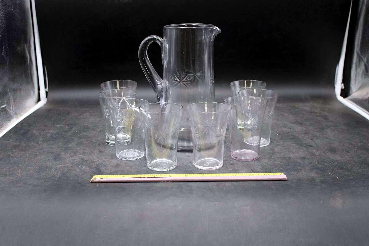 8 Fostoria glasses and pitcher.