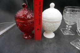 Milk Glass & Ruby Glass Dishes w/ Lids, Stemware