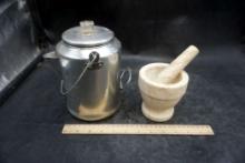 Aluminum Coffee Pot, Mortar & Pestle