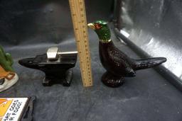 Anvil, Pheasant Decanter, Horse & Cowboy Figurines, "Pamper Me" Iron Sign,