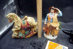 Anvil, Pheasant Decanter, Horse & Cowboy Figurines, "Pamper Me" Iron Sign,