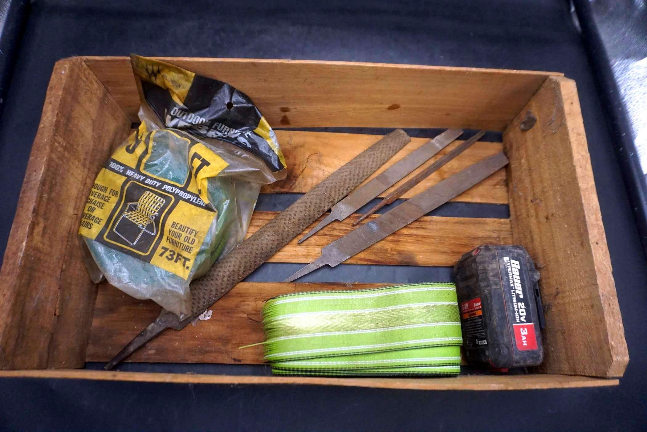 Wooden Crate w/ Files, Battery, Tow Strap & Chair Straps