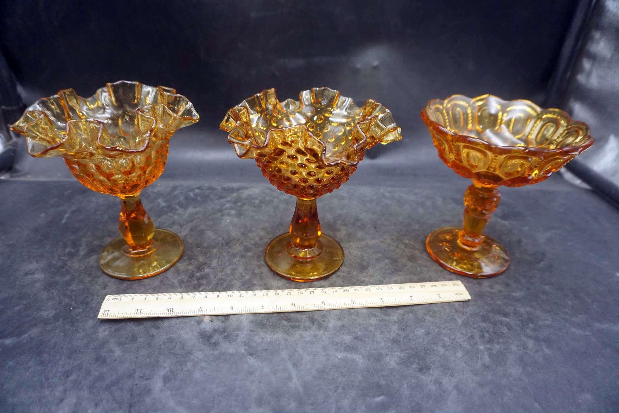 Hobnail & Amber Colored Ruffle Stemmed Glasses