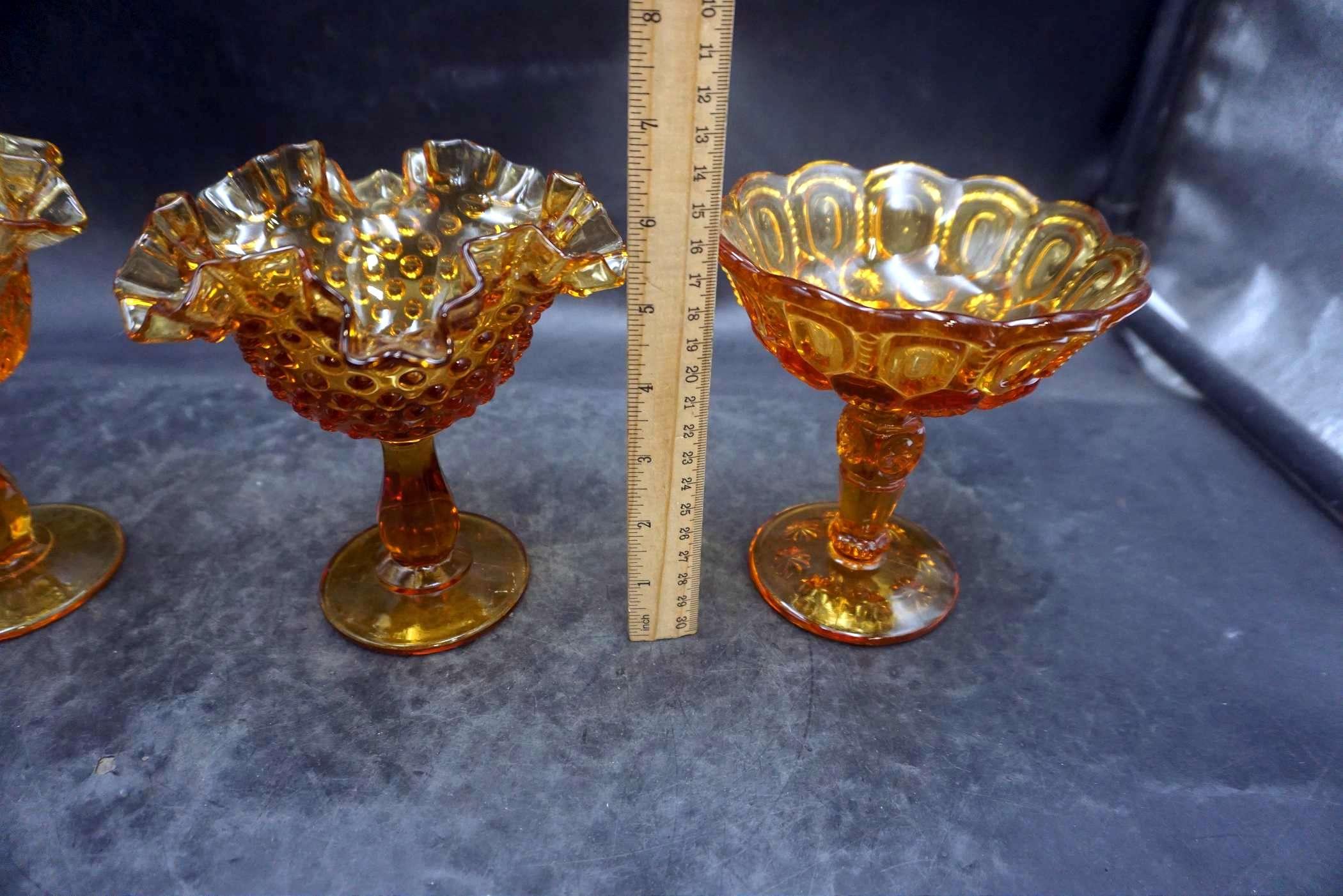 Hobnail & Amber Colored Ruffle Stemmed Glasses