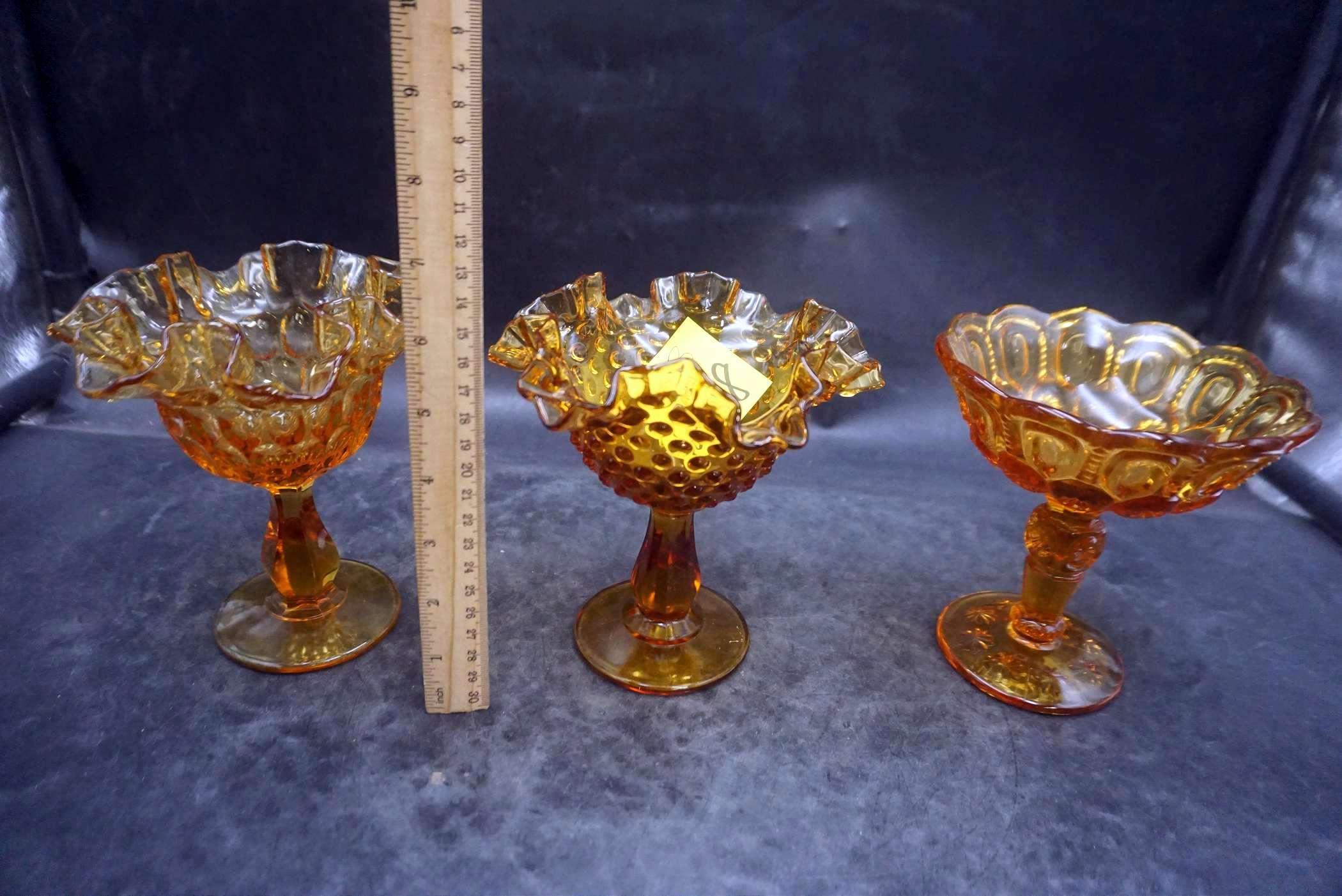 Hobnail & Amber Colored Ruffle Stemmed Glasses