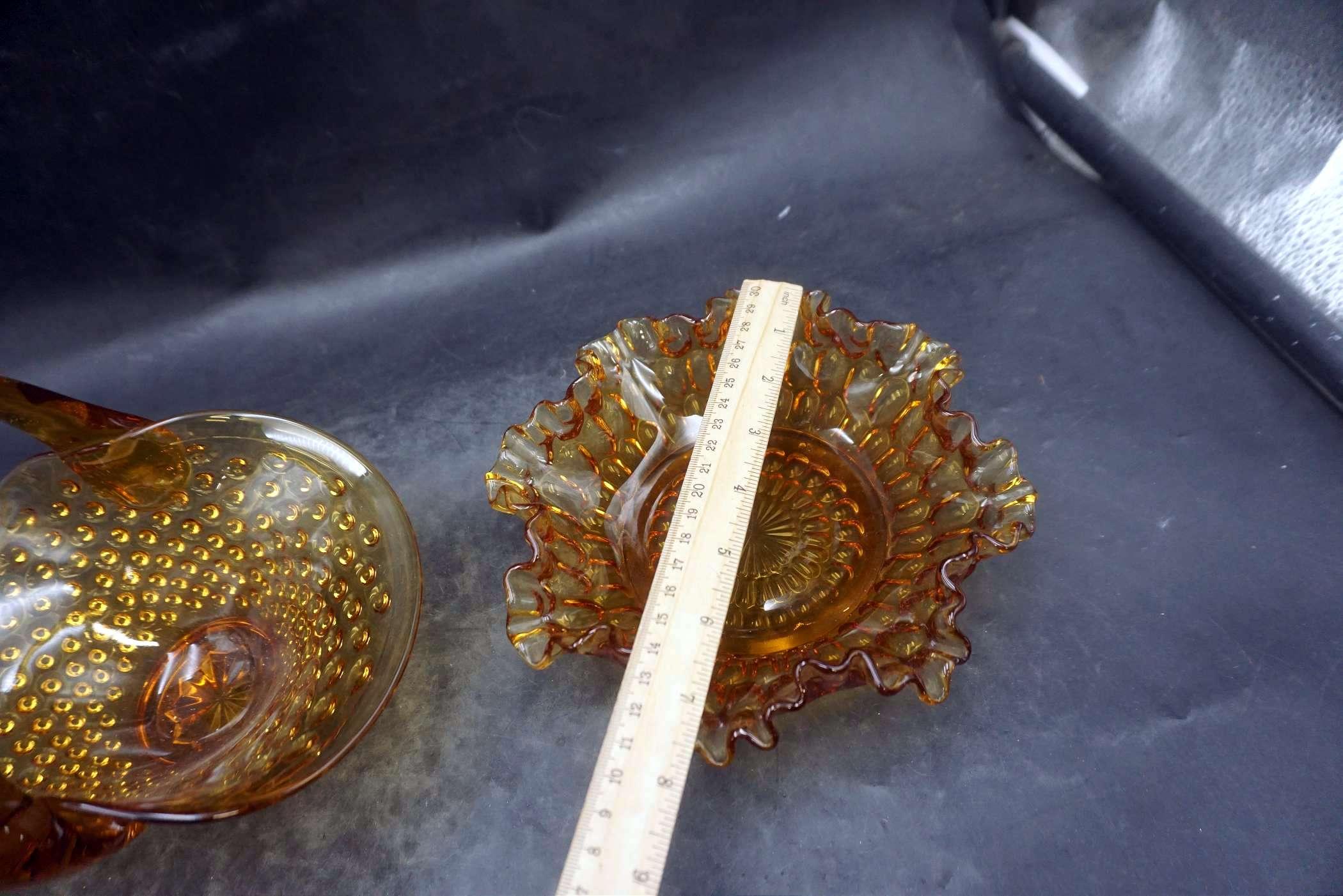 Hobnail & Amber Colored Ruffle Bowl & Baskets