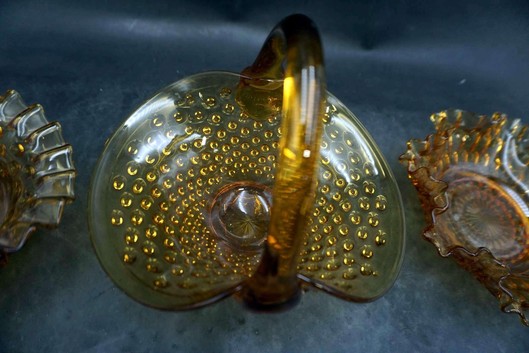 Hobnail & Amber Colored Ruffle Bowl & Baskets