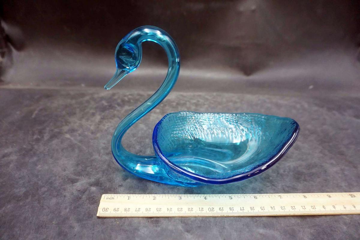 Blue Glass Swan Dish