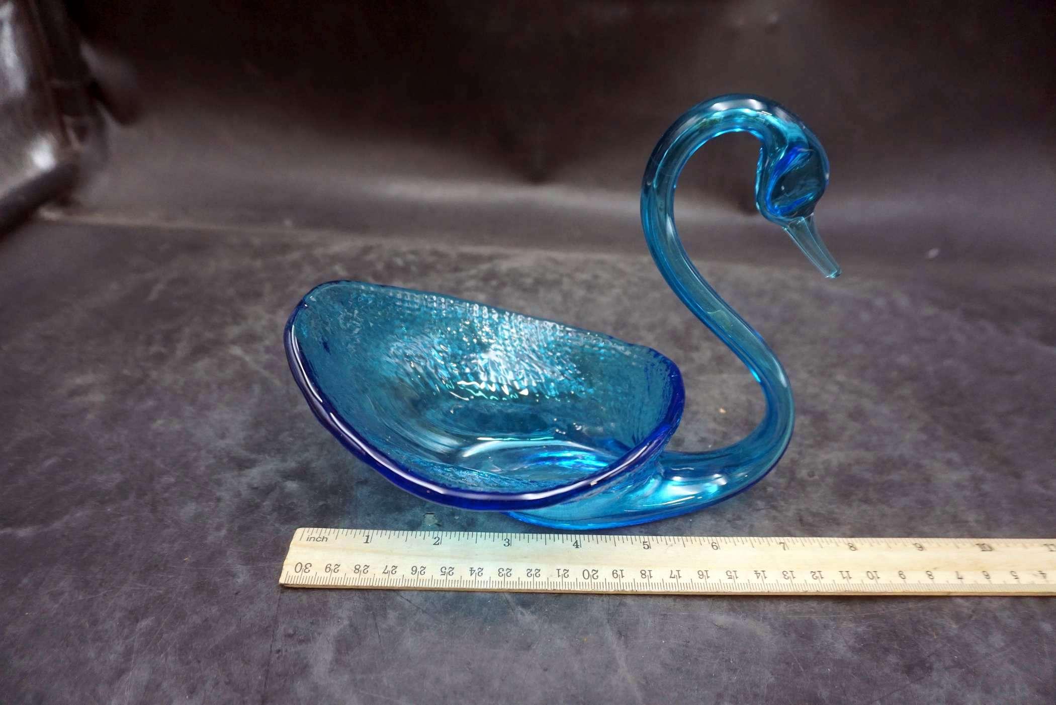 Blue Glass Swan Dish