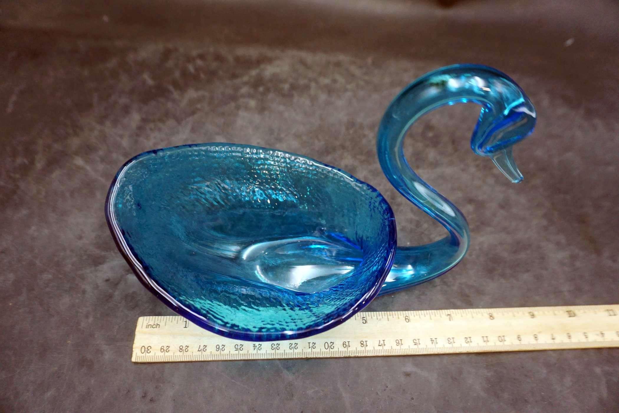 Blue Glass Swan Dish