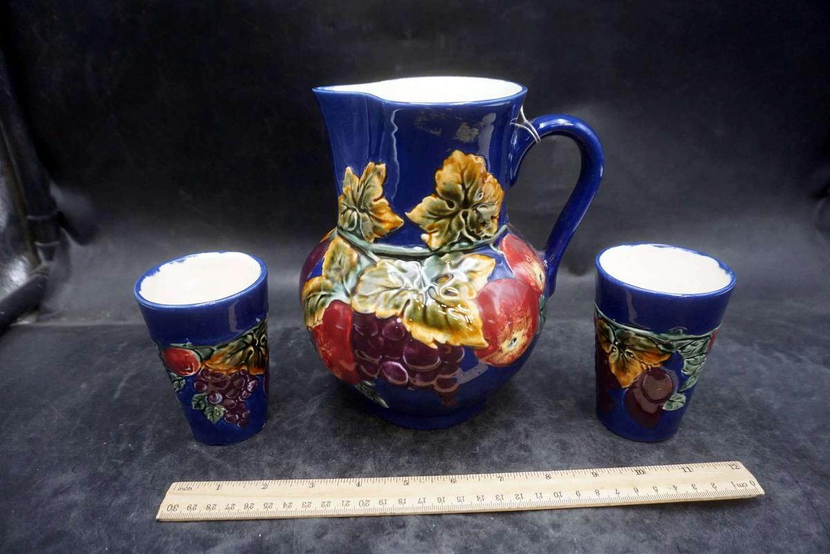 Czechoslovakia Hand Painted Pitcher & 2 Cups