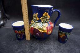Czechoslovakia Hand Painted Pitcher & 2 Cups