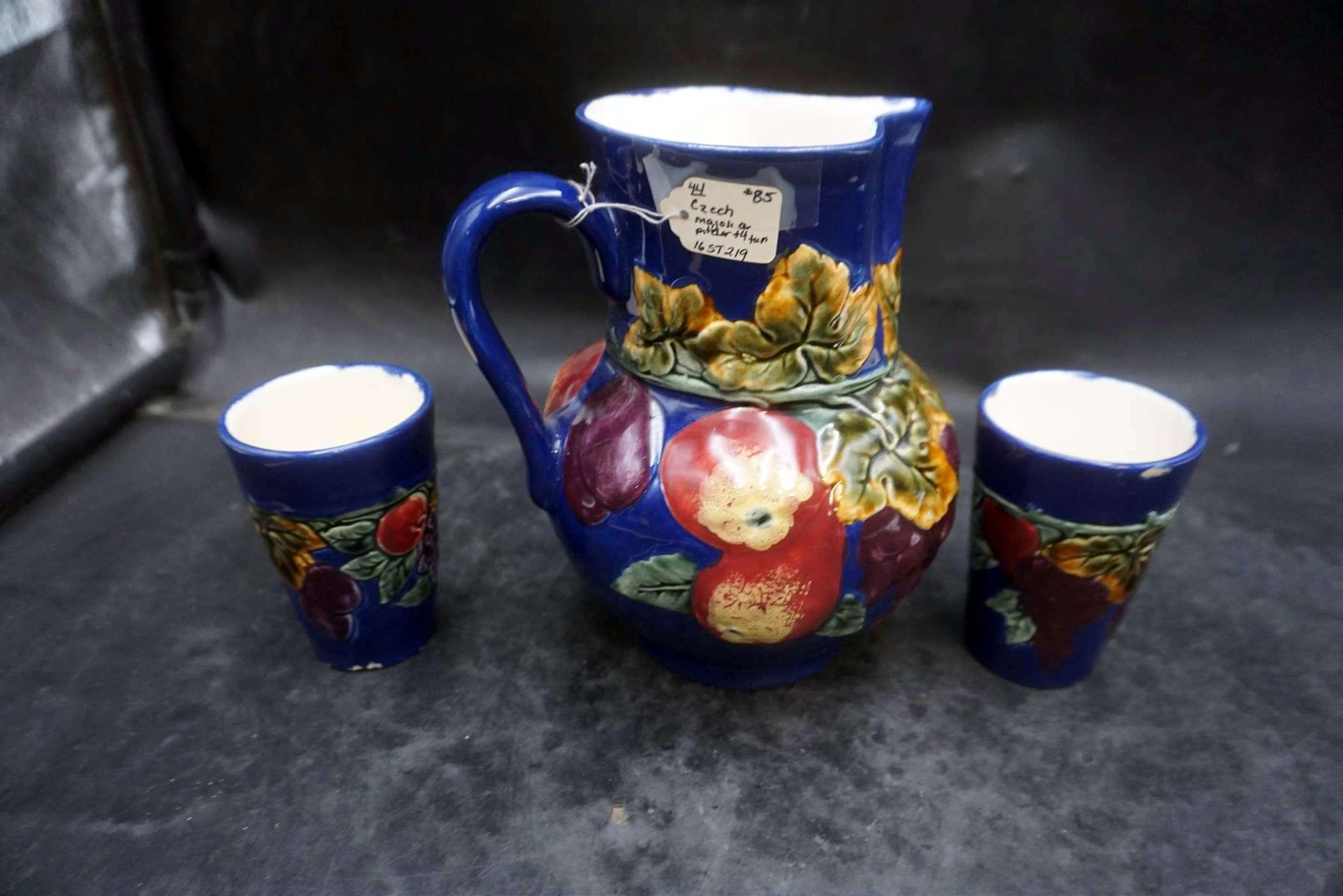 Czechoslovakia Hand Painted Pitcher & 2 Cups