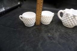 Hobnail White Milk Glass Creamers, Sugar Bowls & Candlestick Holder