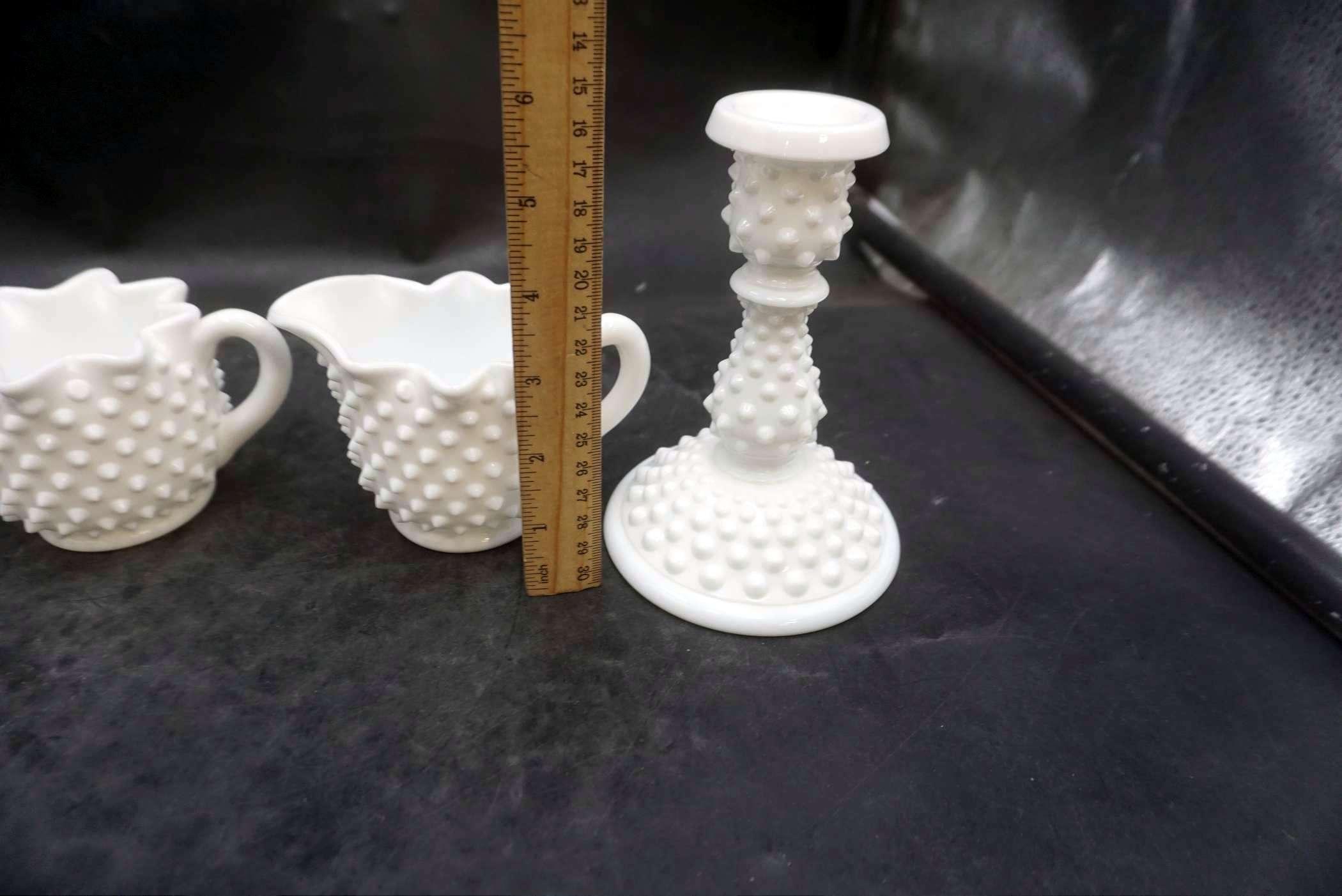 Hobnail White Milk Glass Creamers, Sugar Bowls & Candlestick Holder