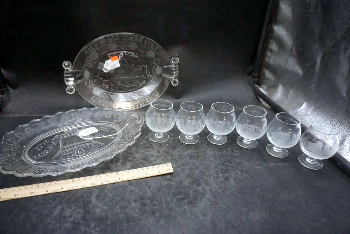 Frosted Ship Glasses, Daily Bread Glass Tray, Glass Bell Tray, Decanter