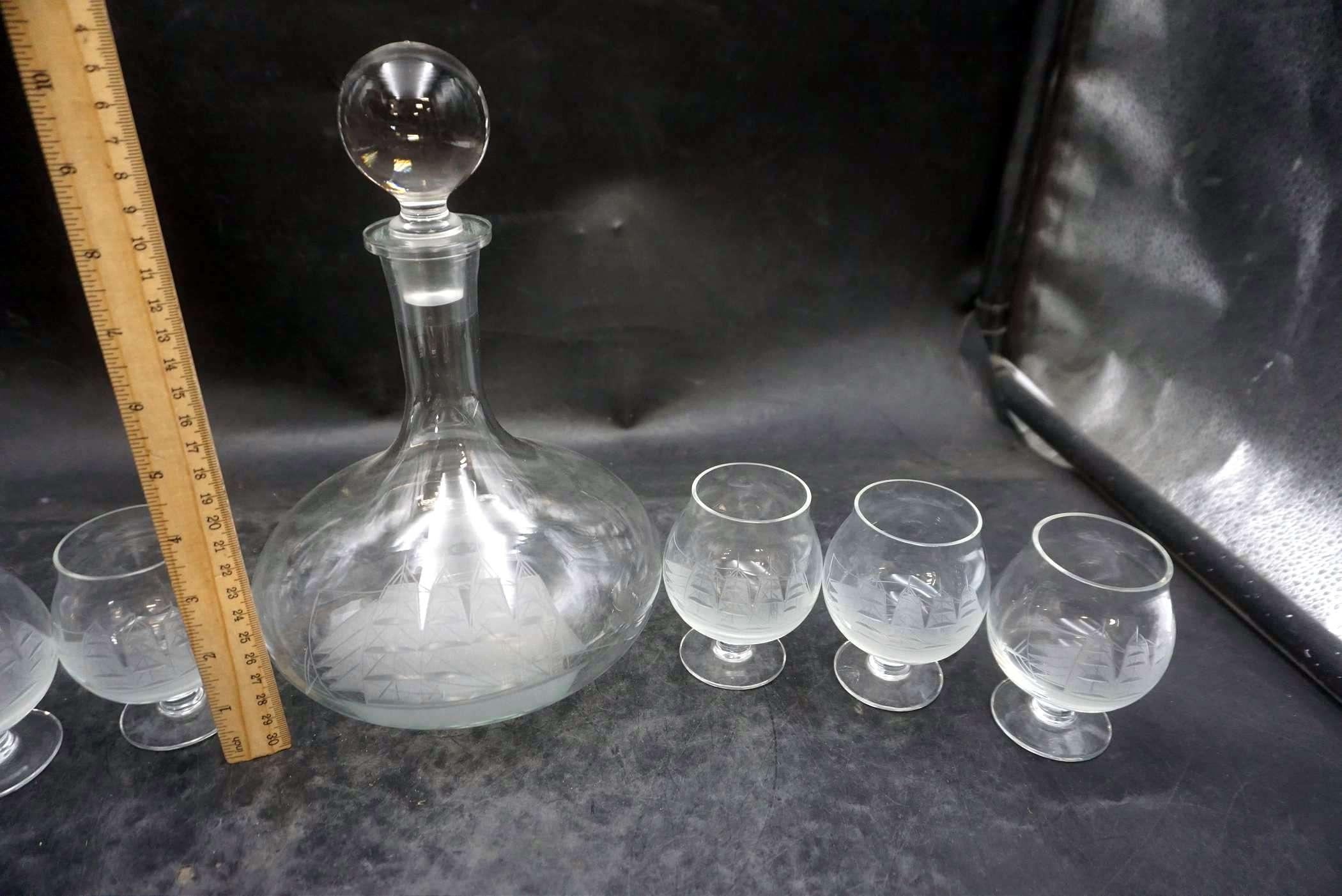 Frosted Ship Glasses, Daily Bread Glass Tray, Glass Bell Tray, Decanter