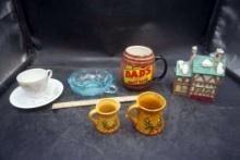 Cup/Saucer, Blue Glass Dish, Dad's Root Beer Mug, Village House, Pitchers
