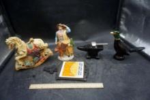 Anvil, Pheasant Decanter, Horse & Cowboy Figurines, "Pamper Me" Iron Sign,