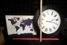Map Picture & Wall Clock (battery operated, frame is cracked)