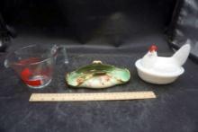 Pyrex Measuring Cup, Hand Painted Tray & Nesting Hen Trinket Container