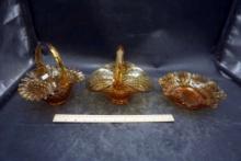 Hobnail & Amber Colored Ruffle Bowl & Baskets