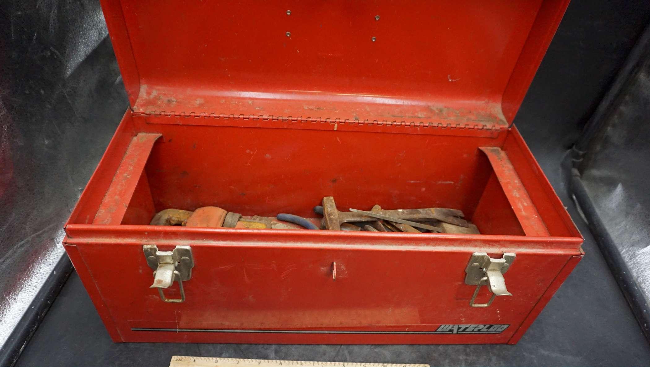 Waterloo Red Metal Toolbox w/ Pipe Wrench, Pliers, Punches & More