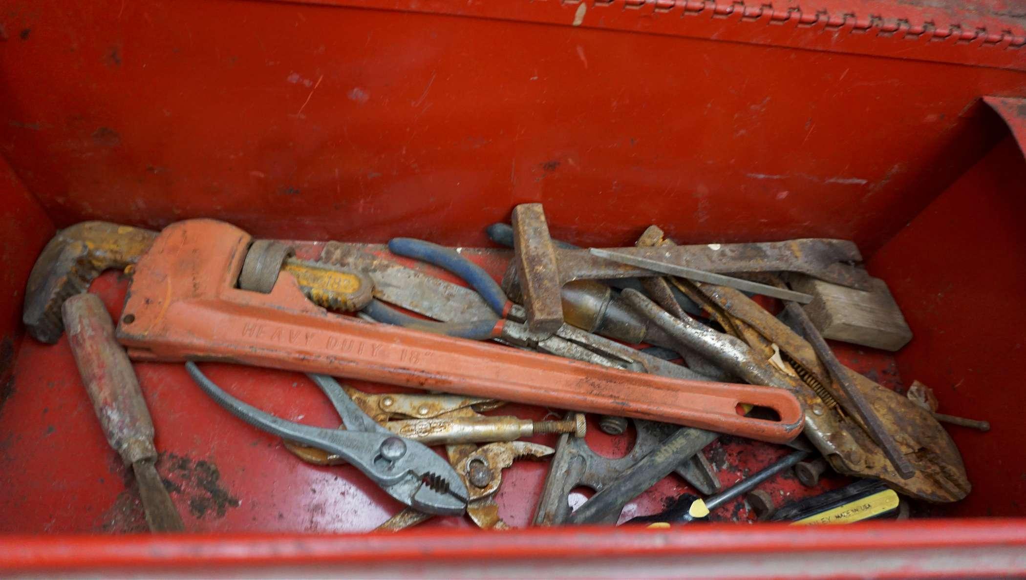 Waterloo Red Metal Toolbox w/ Pipe Wrench, Pliers, Punches & More