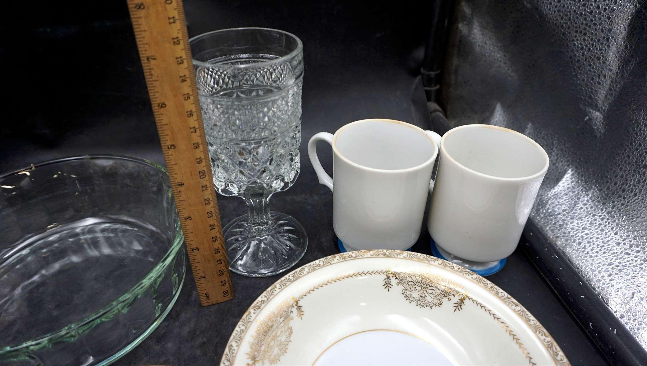 Mugs, Glass, Glass Pie Pan, Noritake China Bowl, Decorative Plates, Stemmed Glasses, Stocking