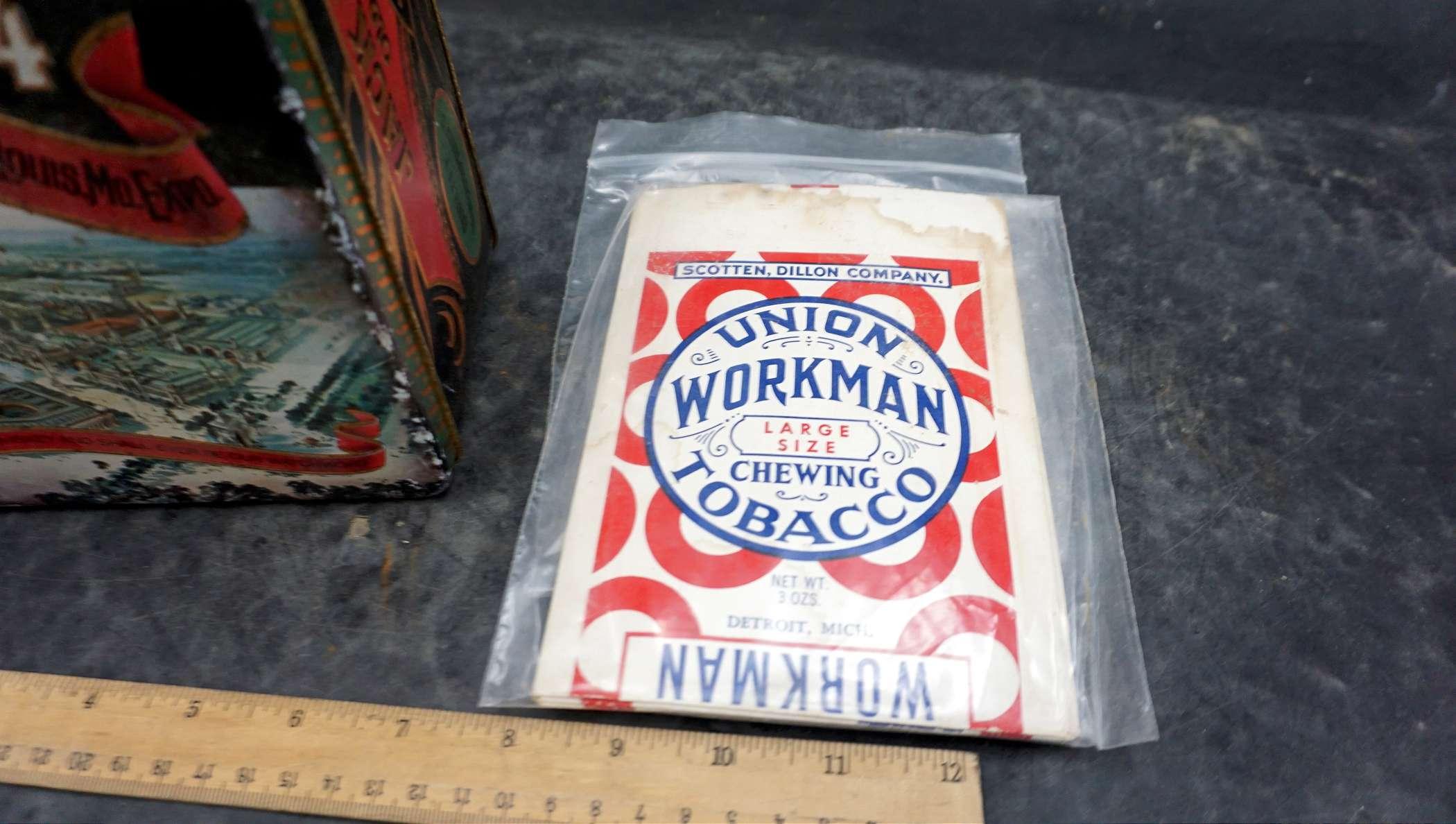 Jack Daniels Tin Container (bent) & Union Workman Tobacco Bag