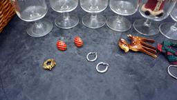 Basket Lined W/ Linen, Glass, Santa Figurine, Bottle Keychains, Earrings