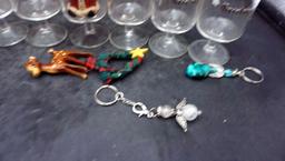 Basket Lined W/ Linen, Glass, Santa Figurine, Bottle Keychains, Earrings