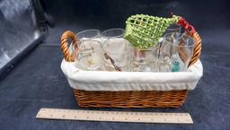 Basket Lined W/ Linen, Glass, Santa Figurine, Bottle Keychains, Earrings