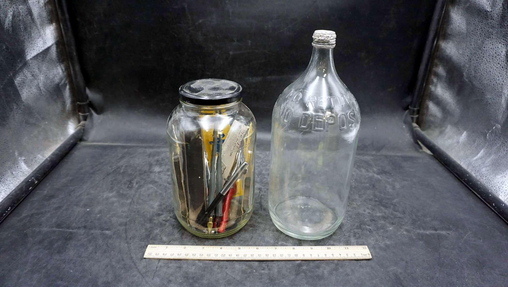 Glass Jar W/ Assorted Items & Glass Bottle