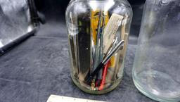 Glass Jar W/ Assorted Items & Glass Bottle