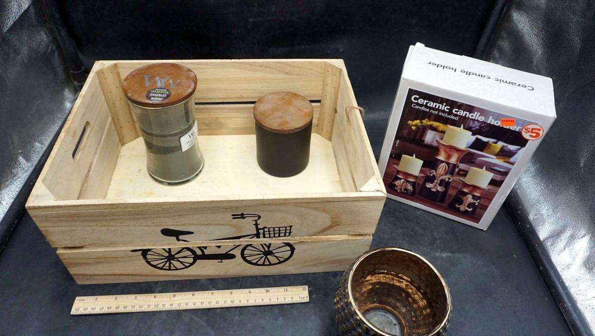 Wooden Bicycle Crate, Candles, Ceramic Candle Holders