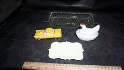 2 Butter Dishes, Ford Motor Co Dept. 56 Vehicle & Nesting Hen Container