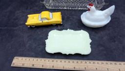 2 Butter Dishes, Ford Motor Co Dept. 56 Vehicle & Nesting Hen Container