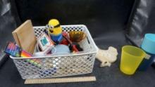 Basket W/ Wooden Chicken, Cups, Colored Pencils, Minion, Brush & Misc